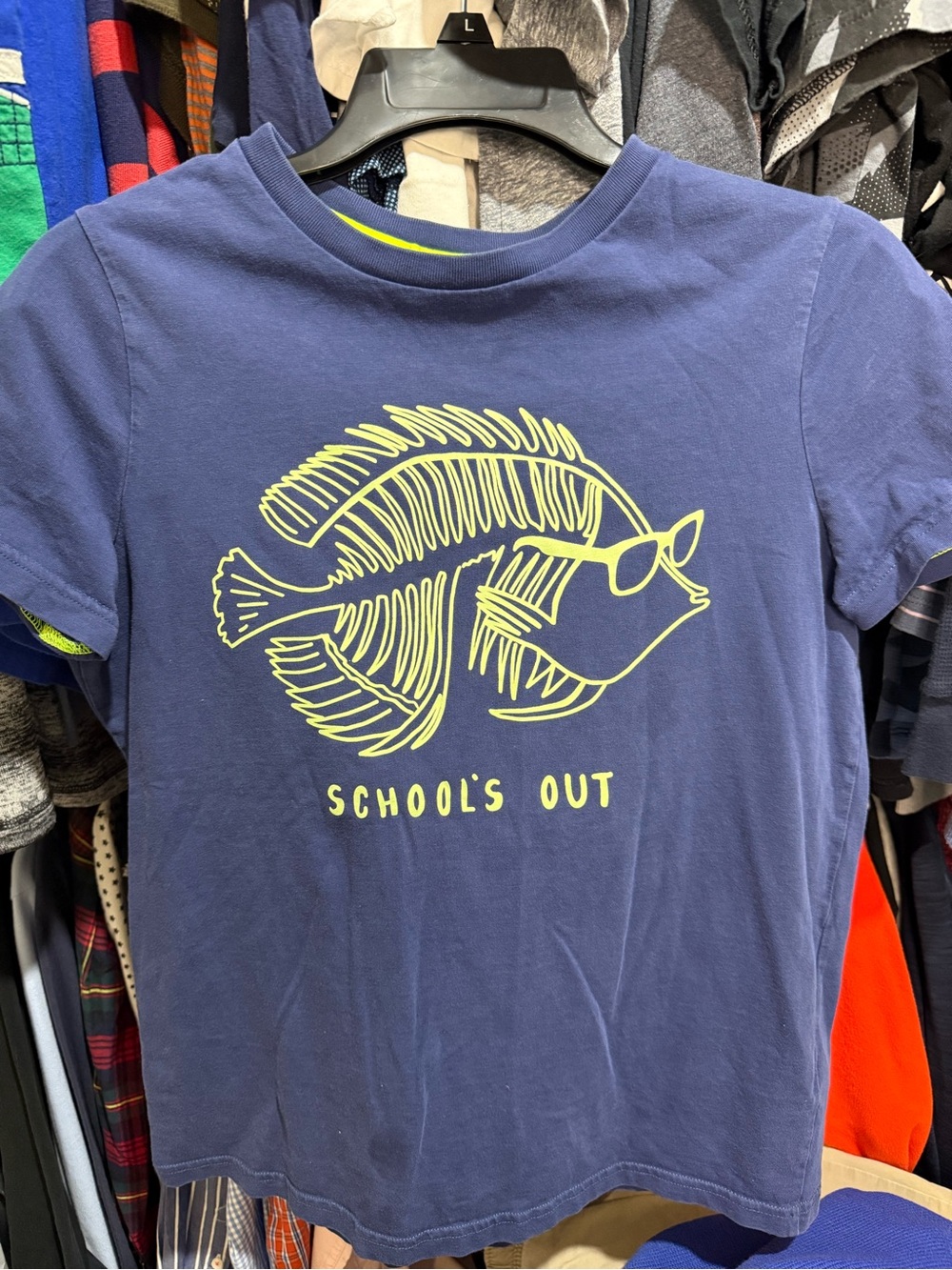 Boden Navy Blue Tee with Lime Yellow Fish Graphic - "School's Out"